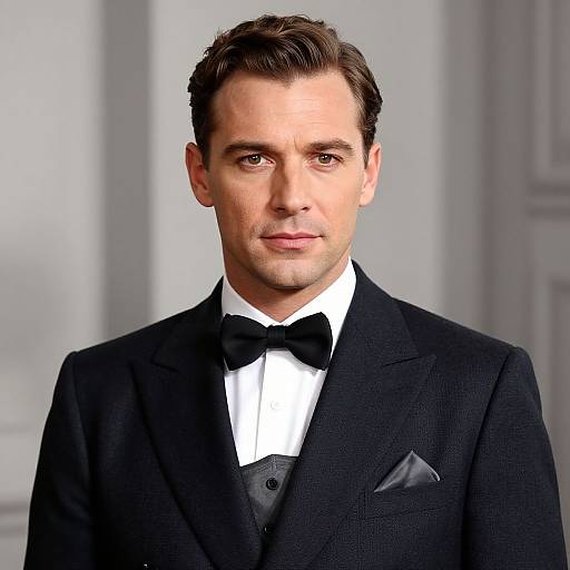 Photograph of a handsome Caucasian man with short brown hair, wearing a black tuxedo with a white shirt and black bow tie, in a formal