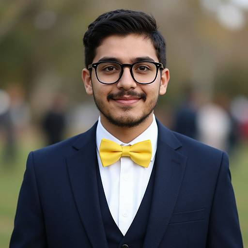 Photograph of a young man with dark hair, beard, and glasses, wearing a black suit, white shirt, and yellow bow tie, smiling outdoors