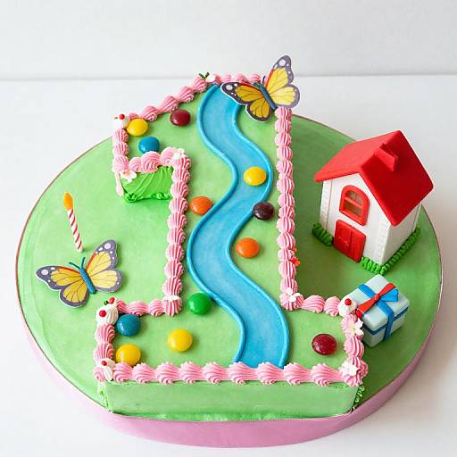 Colorful cake featuring a blue river, red-roofed house, butterflies, candy, and a blue car on a green base with pink frosting.
