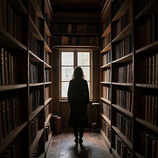 Silhouetted person in long coat walks down dimly lit library aisle with tall bookshelves, sunlight streaming through window at end.
