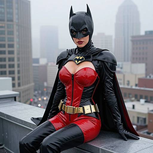 Photograph of a woman in a Batman-inspired costume with red corset, black cape, and mask, sitting on a city rooftop. Urban skyline in