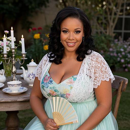 Photograph of a smiling, curvy Black woman with curly black hair, wearing a low-cut floral lace dress, holding a fan, seated outdoors by