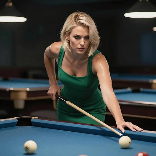 Photograph of a blonde woman in a green dress, leaning over a pool table, aiming a cue stick at a ball. Dimly lit room,