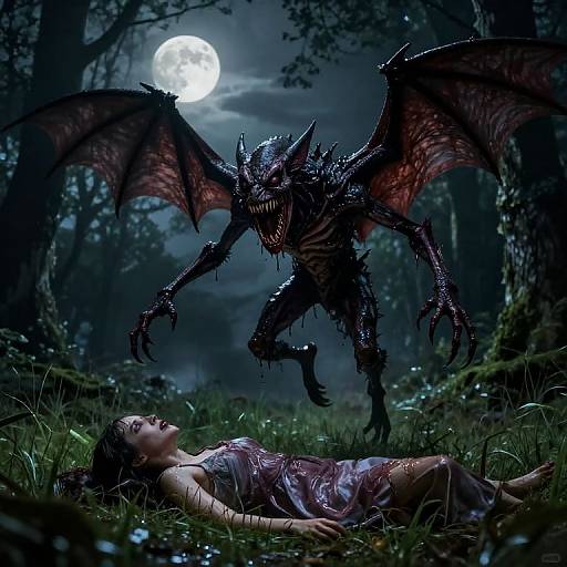 Digital artwork: Terrifying, dark demon with bat wings and sharp teeth looms over a terrified, unconscious woman in a translucent dress, under a full