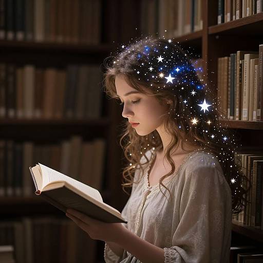Photograph of a fair-skinned, brown-haired woman with a starry headband, wearing a white, floral-patterned blouse, reading a book