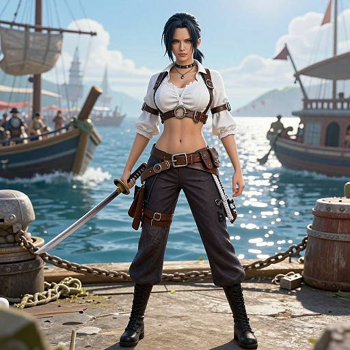 Digital art of a muscular, black-haired woman with a white crop top, black pants, and belts, holding a sword on a sunlit pier with