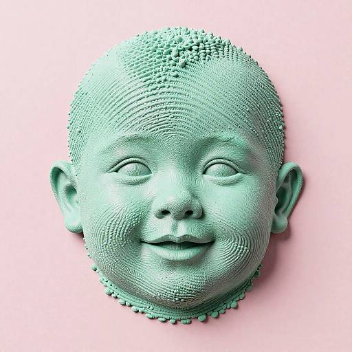 Photograph of a detailed, textured, turquoise-colored baby face sculpture with closed eyes and a gentle smile, set against a pink background.