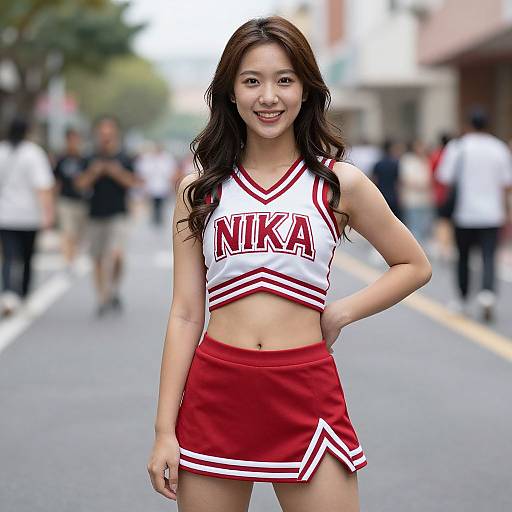 Photograph of a smiling Asian female cheerleader with long brown hair, wearing a red and white 