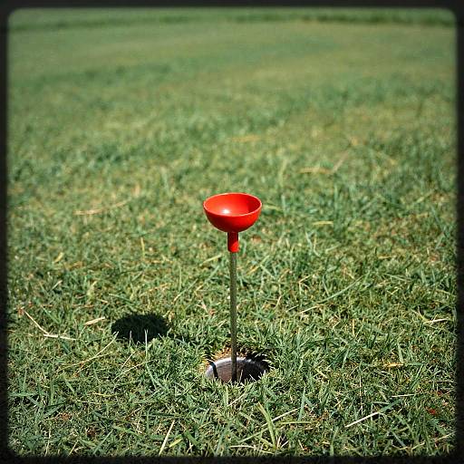 Bright Red Golf Hole in Green Field