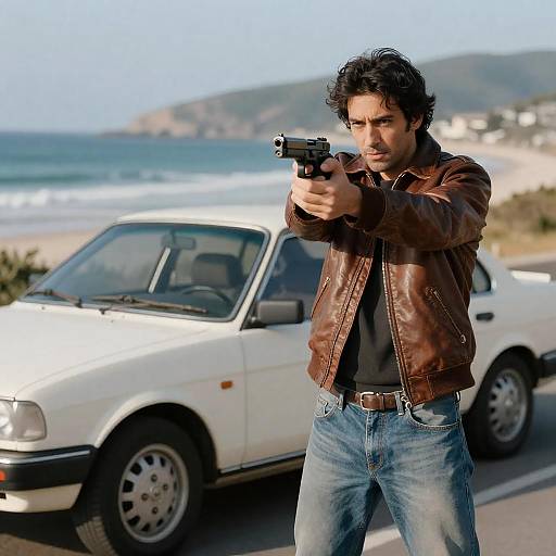 Man Aiming Gun on Coastal Road
