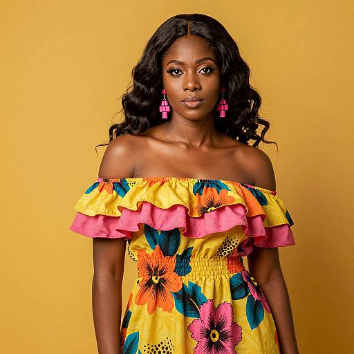 African-American Woman in Colorful Off-the-Shoulder Dress