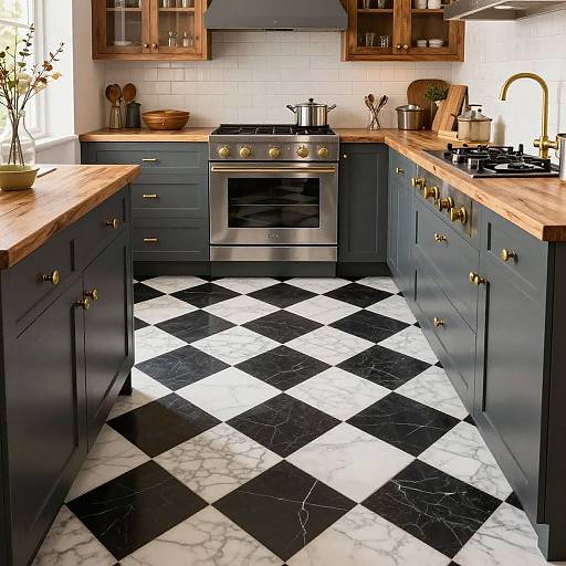 Photograph of a modern kitchen with dark blue cabinets, wooden countertops, black and white checkered marble floor, stainless steel oven, and wooden upper cabinets