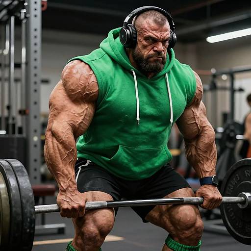 Muscular bearded man with bald head, wearing green hoodie, black shorts, headphones, lifting barbell in gym. Photograph, intense expression.