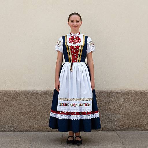 Photograph of a smiling woman in a traditional European folk dress with red, white, and blue embroidery, standing against a plain beige wall and stone base