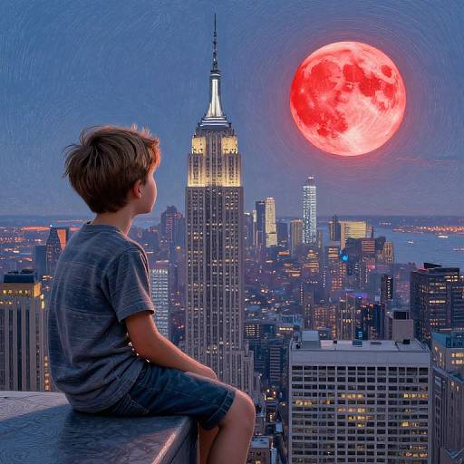 Photograph of a boy in gray shirt and shorts, sitting on rooftop, gazing at a giant red full moon over New York City's skyline,