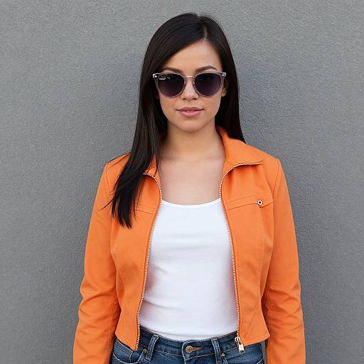 Photograph of a young Asian woman with straight black hair, wearing oversized sunglasses, an orange jacket, white tank top, and blue jeans, standing against