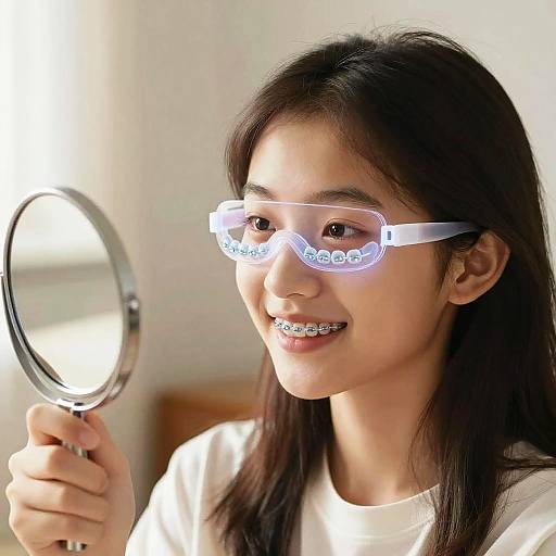Young Asian woman with straight black hair, wearing glowing LED visor, smiles while holding a mirror; white shirt, bright indoor light.