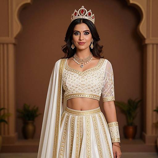 Photograph of an Indian woman in a traditional white and gold embroidered outfit, wearing a red gemstone-encrusted crown, with a sheer dup