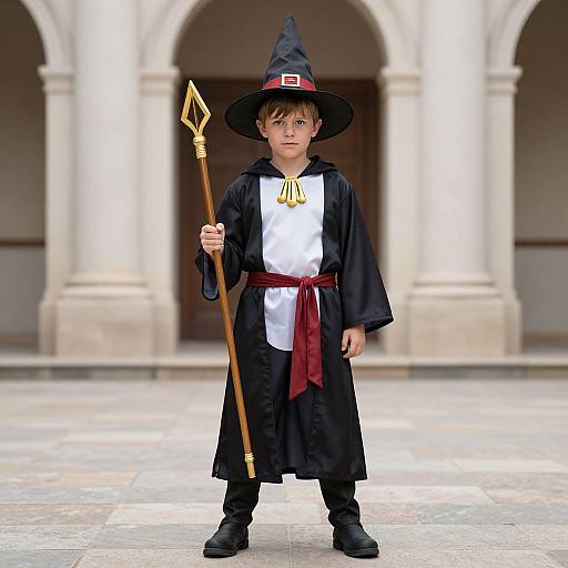 Photograph of a young boy in a black wizard costume with a pointed hat, white shirt, red sash, holding a golden staff, standing in