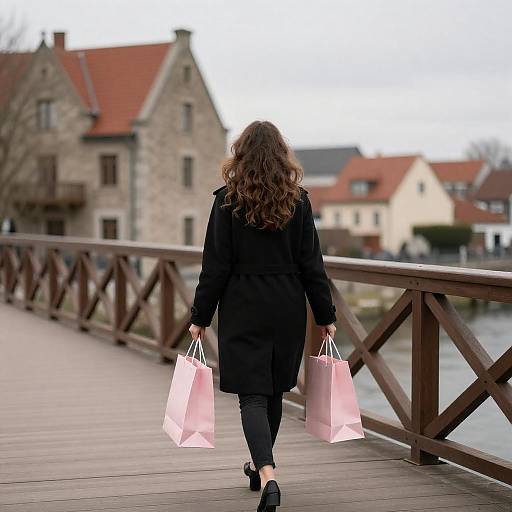 Woman Walking on Bridge with Shopping Bags