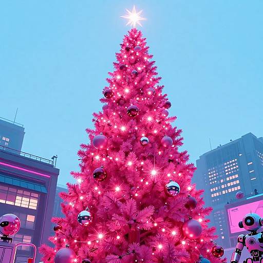 Photograph of a vibrant, neon pink Christmas tree illuminated with glowing lights, adorned with red and silver ornaments, in front of modern city buildings at dusk