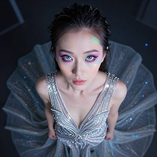 Photograph of a pale-skinned woman with striking blue eyes and pink eyeshadow, wearing a sparkling silver, deep V-neck gown with a wide