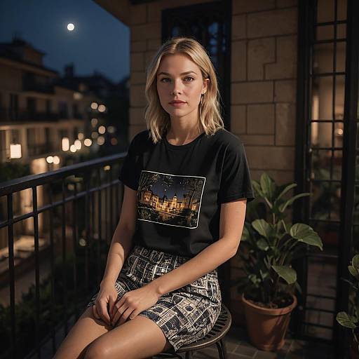 Blonde Woman Sitting on Balcony at Night