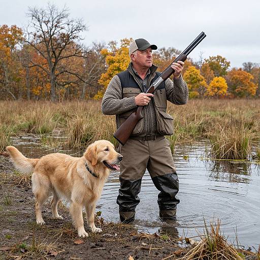Photograph of a middle-aged man in hunting gear holding a rifle, standing in a muddy waterlogged field with a golden retriever, autumn trees in