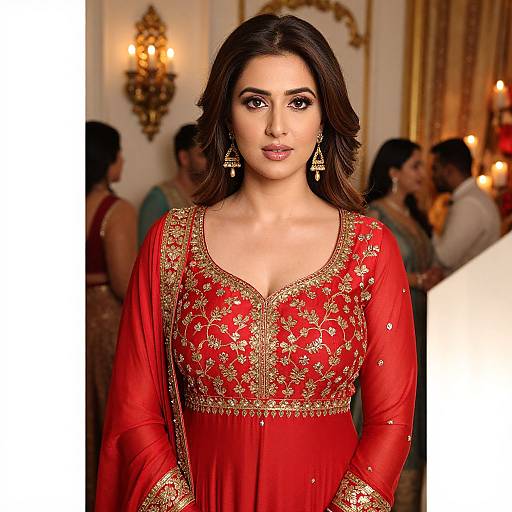 Photograph of a beautiful South Asian woman with dark hair, wearing a red traditional lehenga with gold embroidery, standing in an ornate, warmly lit