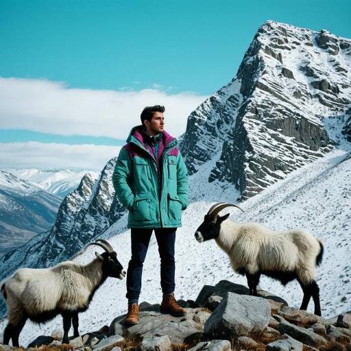Young Man with Mountain Goats in Snowy Mountains