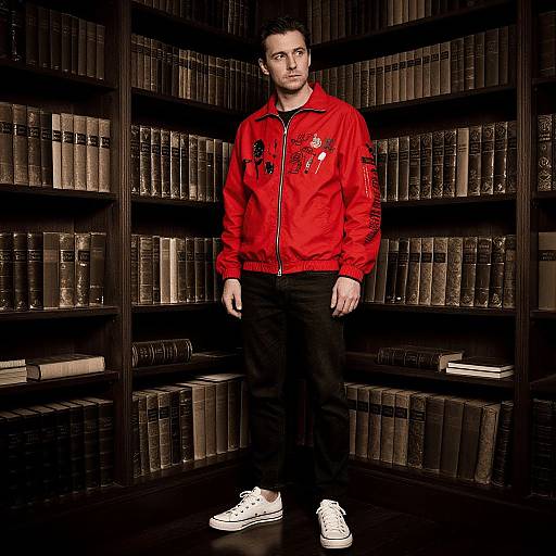 Photograph of a white man with short dark hair, wearing a red jacket, black pants, and white sneakers, standing in front of a dimly