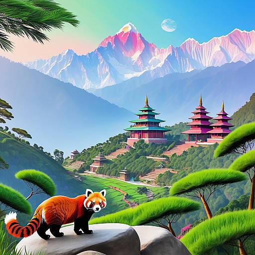 Red Panda and Nepalese Temple with Himalayan Mountains