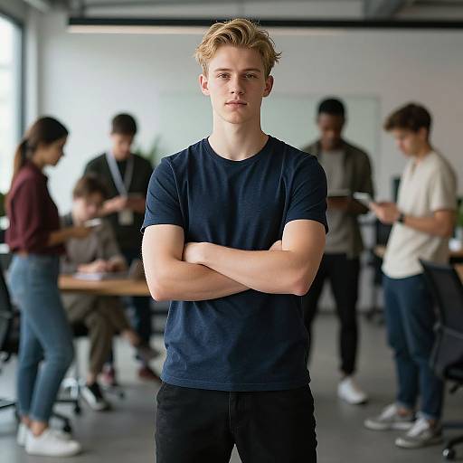 Photograph of a young, blond, Caucasian man with a slim build, wearing a black t-shirt and black pants, standing confidently with arms crossed in