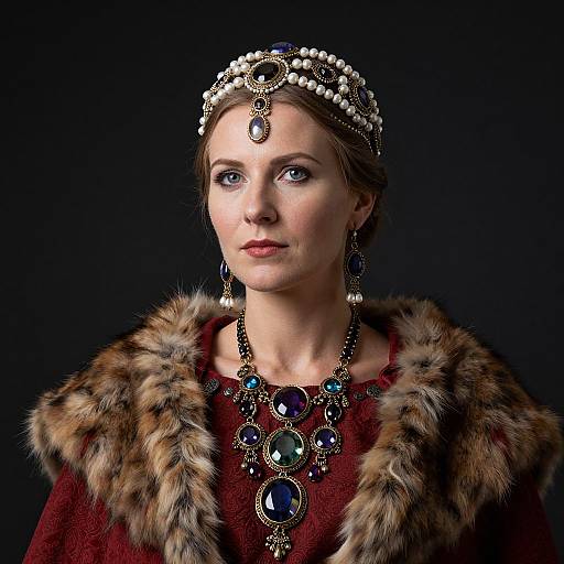 Photograph of a fair-skinned woman with blue eyes, wearing a regal, fur-trimmed red dress, pearl headpiece, and orn