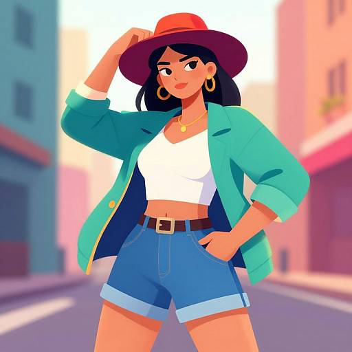 Digital illustration of a confident woman in a turquoise jacket, white crop top, blue shorts, red hat, and gold hoop earrings, standing in a sun