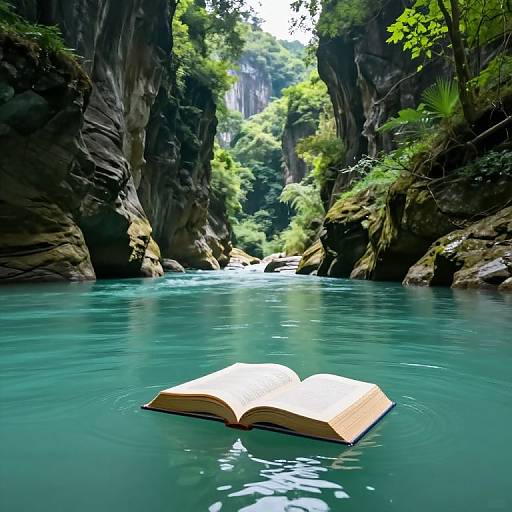 Digital artwork: Open book floating on turquoise river in lush, rocky canyon with sunlight filtering through dense green foliage.