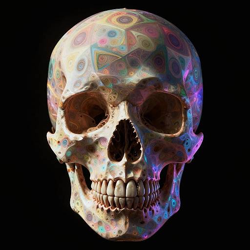 Digital artwork of a colorful, iridescent skull with swirling patterns, glowing against a black background, highlighting its hollow eye sockets and teeth.
