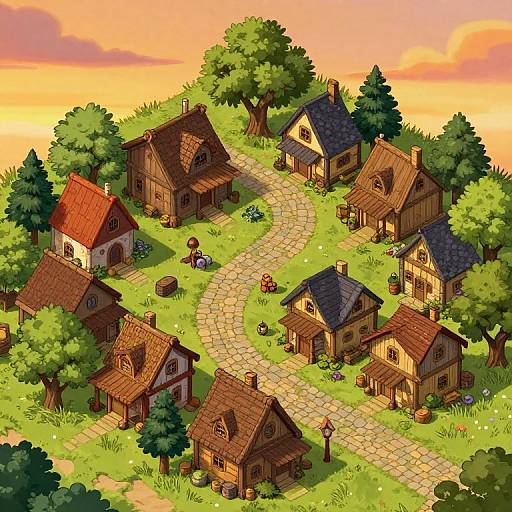 A vibrant, digital isometric drawing of a quaint, fantasy village with rustic wooden houses, a winding stone path, lush greenery, and a pink