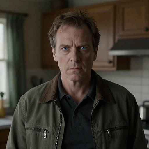 Intense Portrait in a Dim Kitchen