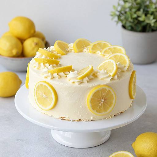 Photograph of a lemon-themed cake on a white stand, topped with lemon slices, surrounded by lemons and a potted plant.