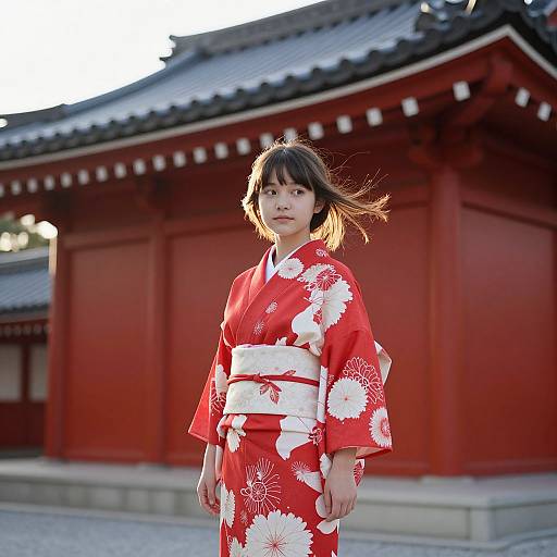 Photograph of an East Asian woman in a red floral kimono, standing in front of a traditional red wooden shrine.