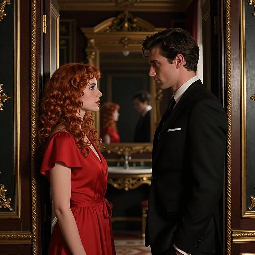 Man and Woman Facing Each Other in Ornate Room