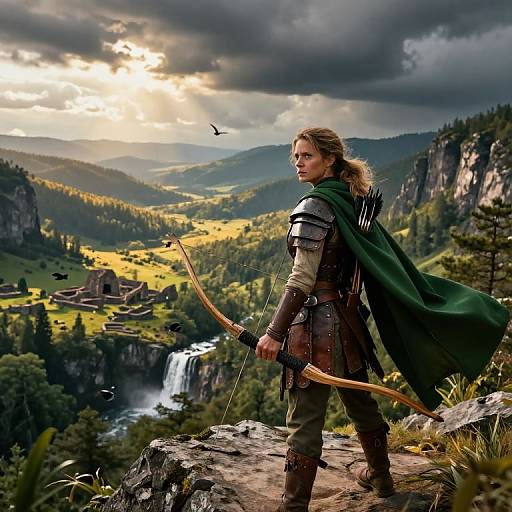Photograph of a blonde, armored archer in green cloak, standing on rocky cliff, overlooking sunlit valley with waterfall, village, and mountains.