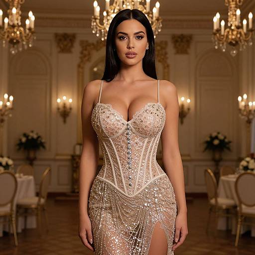 Photograph of a stunning woman with long black hair, wearing a sparkling, form-fitting, sheer gold dress with a deep neckline, standing in an