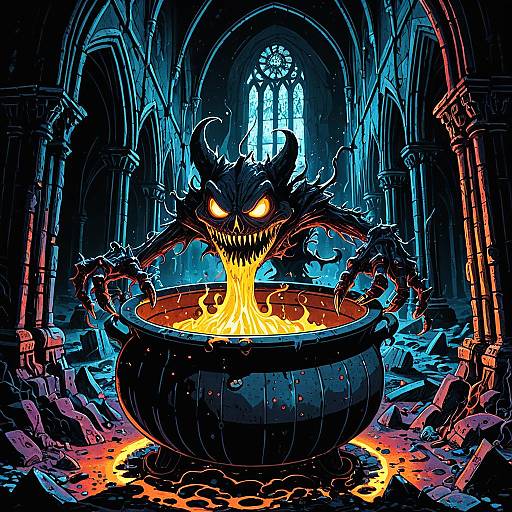 Grotesque Creature Emerging from Cauldron in Gothic Cathedral