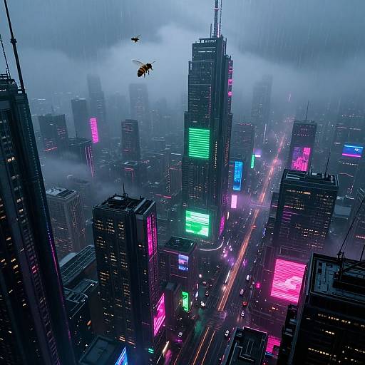 Neon-lit, futuristic cityscape photograph at night, with a flying drone, foggy sky, and vibrant, multicolored digital billboards