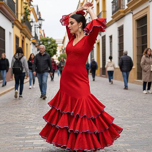 Photograph of a dark-haired woman in a vibrant red, ruffled, long-sleeve Flamenco dress, dancing on a cobblestone street