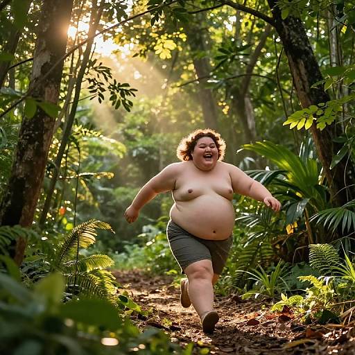 Photograph of a smiling, plus-sized, topless woman with curly brown hair, wearing gray shorts, running joyfully through a sunlit, lush