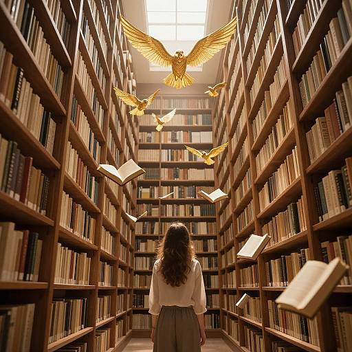 Photograph of a woman with wavy brown hair, white blouse, and gray pants, standing in a library aisle, surrounded by flying golden birds and