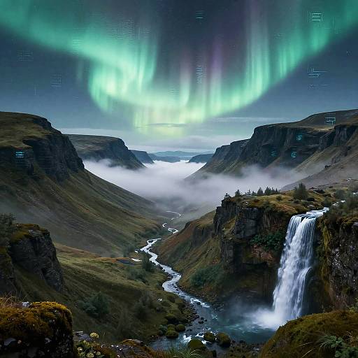 Photograph of a breathtaking landscape with a waterfall, green aurora borealis, misty valleys, and rugged cliffs, under a night sky.